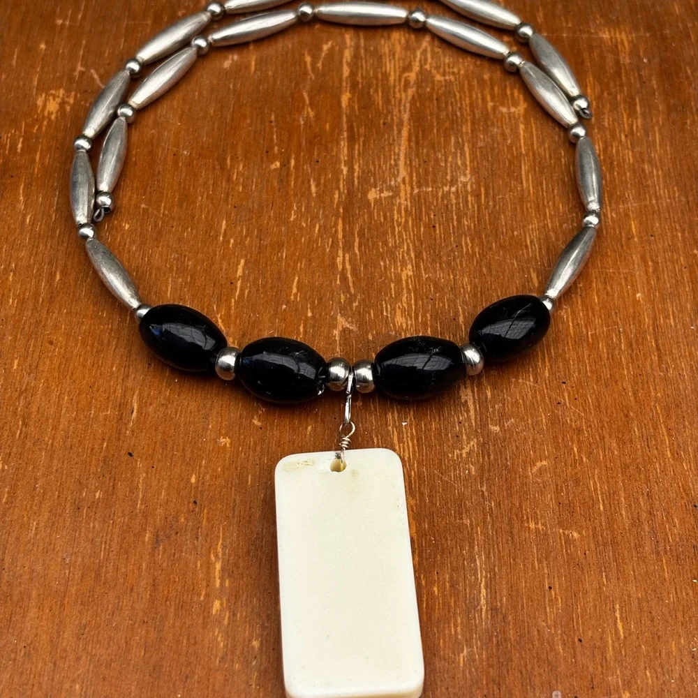 Handcrafted Black Bead Necklace with Domino Pendant